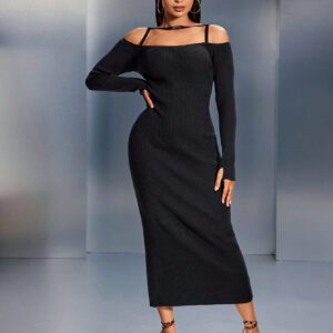 SHEIN SXY Robe pull longue en tricot élégante à manches longues et épaules dénudées, à nouer devant, de couleur unie pour femme