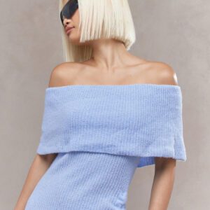 MISSGUIDED Robe moulante mini à volants côtelés, col Bardot, fente à l'ourlet, vêtement d'hiver