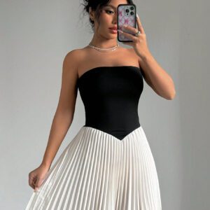 Elenzga Robe tube à ourlet plissé bicolore pour soirée, mini robe courte pour femme