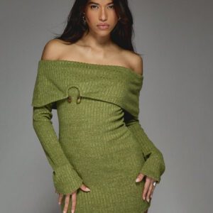 MISSGUIDED Robe moulante mini à manches longues et épaules dénudées avec détails métalliques sur les côtes