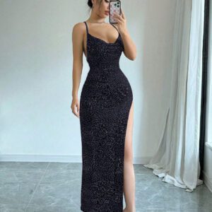SHEIN MOOSTA Robe longue fendue dos nu avec col montant léopard sexy pour femmes