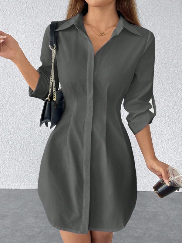 SHEIN PETITE Robe chemise décontractée unie à manches retroussées avec boutons devant