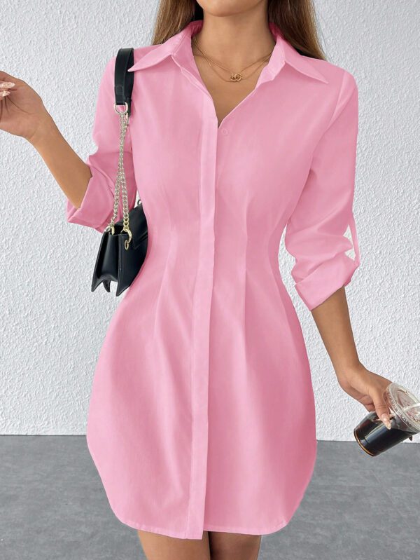 SHEIN PETITE Robe chemise décontractée unie à manches retroussées avec boutons devant – Image 4