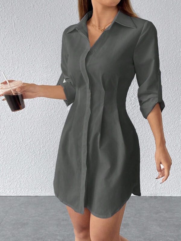 SHEIN PETITE Robe chemise décontractée unie à manches retroussées avec boutons devant – Image 6