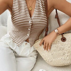 SHEIN Frenchy Top casual sans manches à rayures et col en V pour femmes
