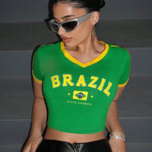 SHEIN ICON T-shirt court imprimé brésilien à col en V ajusté avec bords décoratifs