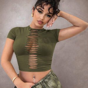 SHEIN BAE Haut khaki ajusté, unicolore avec découpes et effet ajouré pour le printemps et l'été. Convient pour les festivals de musique, les performances, un usage quotidien et pour les concerts country.