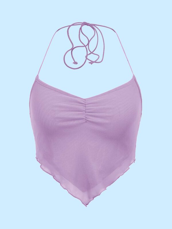 SHEIN ICON Débardeur d'été plissé pour femmes, couleur unie, ourlet asymétrique, col licou, cravate au dos – Image 3