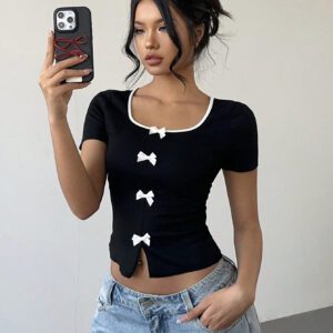 Aloruh Top à manches courtes avec bordure contrastante et décoration de nœud, style minimaliste pour un port décontracté au quotidien
