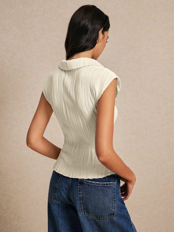 Poéselle Exquisite Jacquard Textured Grain Fabric, Excellent Minimalist Shap And Fashionable Lettuce Trim Button Front Textured Slim V-Neck Tee, Summer Vacation Season, Comfy, Boho, Beach Women Outfits, Swimsuit Cover Up, Trending, Elegant, Leisure, Long Summer Dress, Simple Daily, Cottagecore, Essential, Solid Color, Holidayleisure, Modest, Bachelorette, Summer Top, Suitable For Vacation – Image 7