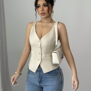 Elenzga Solid Color V-Neck Sleeveless Vest, Casual Simple Fashion For Everyday Wear