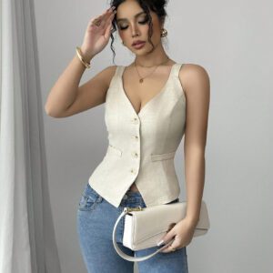 Elenzga Solid Color V-Neck Sleeveless Vest, Casual Simple Fashion For Everyday Wear