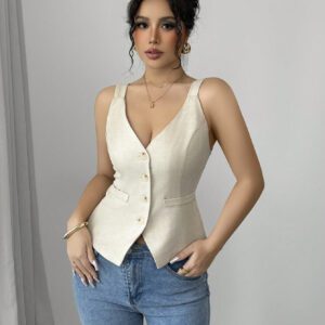 Elenzga Solid Color V-Neck Sleeveless Vest, Casual Simple Fashion For Everyday Wear