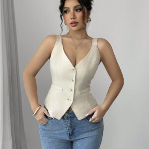 Elenzga Solid Color V-Neck Sleeveless Vest, Casual Simple Fashion For Everyday Wear