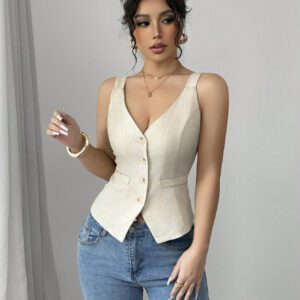 Elenzga Solid Color V-Neck Sleeveless Vest, Casual Simple Fashion For Everyday Wear