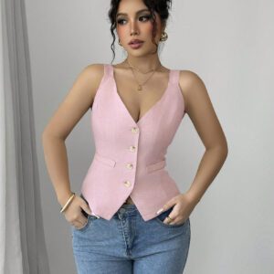 Elenzga Solid Color V-Neck Sleeveless Vest, Casual Simple Fashion For Everyday Wear