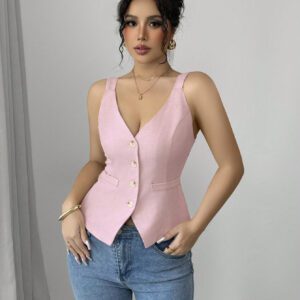 Elenzga Solid Color V-Neck Sleeveless Vest, Casual Simple Fashion For Everyday Wear