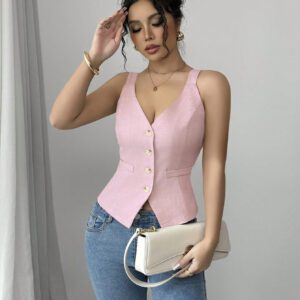 Elenzga Solid Color V-Neck Sleeveless Vest, Casual Simple Fashion For Everyday Wear