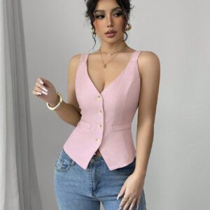 Elenzga Solid Color V-Neck Sleeveless Vest, Casual Simple Fashion For Everyday Wear