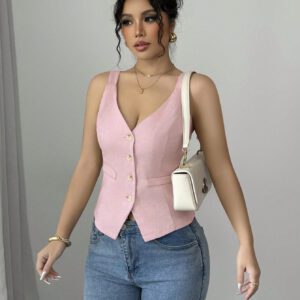 Elenzga Solid Color V-Neck Sleeveless Vest, Casual Simple Fashion For Everyday Wear
