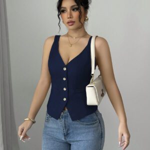 Elenzga Solid Color V-Neck Sleeveless Vest, Casual Simple Fashion For Everyday Wear