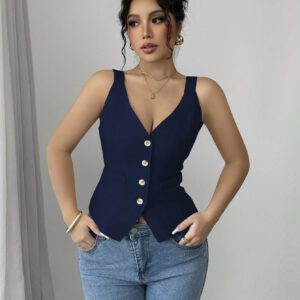 Elenzga Solid Color V-Neck Sleeveless Vest, Casual Simple Fashion For Everyday Wear