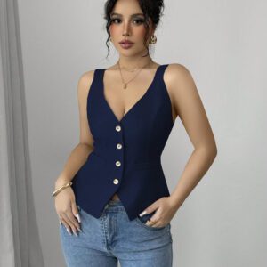 Elenzga Solid Color V-Neck Sleeveless Vest, Casual Simple Fashion For Everyday Wear