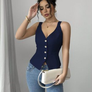 Elenzga Solid Color V-Neck Sleeveless Vest, Casual Simple Fashion For Everyday Wear