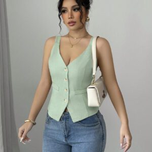 Elenzga Solid Color V-Neck Sleeveless Vest, Casual Simple Fashion For Everyday Wear
