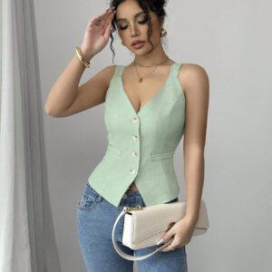 Elenzga Solid Color V-Neck Sleeveless Vest, Casual Simple Fashion For Everyday Wear