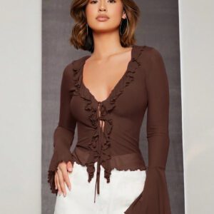 SHEIN BAE Ruffle Trim Flare Sleeve Knot Front Lettuce Trim Mesh Top