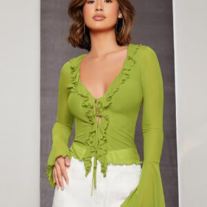 SHEIN BAE Ruffle Trim Flare Sleeve Knot Front Lettuce Trim Mesh Top