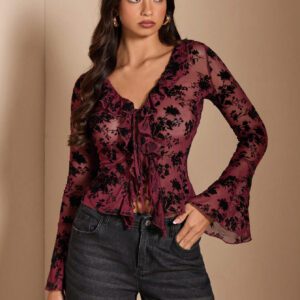 SHEIN BAE Ruffle Trim Flare Sleeve Knot Front Lettuce Trim Mesh Top