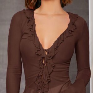 SHEIN BAE Ruffle Trim Flare Sleeve Knot Front Lettuce Trim Mesh Top