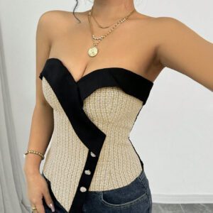 Elenzga Women's Vintage French Style Versatile Crop Top Design, Asymmetrical Color Blocking, Suitable For Party, New Year Celebration, Valentine's Day