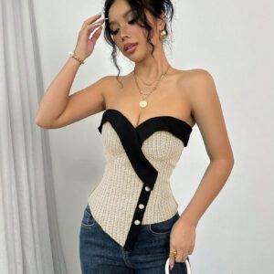 Elenzga Women's Vintage French Style Versatile Crop Top Design, Asymmetrical Color Blocking, Suitable For Party, New Year Celebration, Valentine's Day