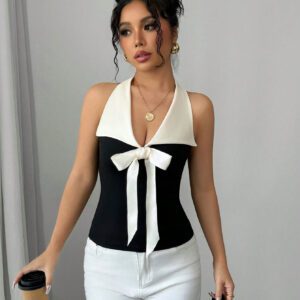 Elenzga Elegant Color Block Bow Decorated Halter Neck Top Graphic Tees Women Tops