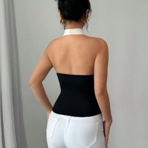 Elenzga Elegant Color Block Bow Decorated Halter Neck Top Graphic Tees Women Tops