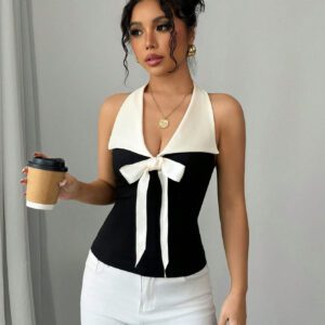Elenzga Elegant Color Block Bow Decorated Halter Neck Top Graphic Tees Women Tops