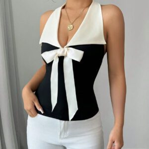 Elenzga Elegant Color Block Bow Decorated Halter Neck Top Graphic Tees Women Tops