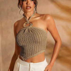 SHEIN Haute Vacation Outfits Gold Hardware Detail Asymmetrical Hem Halter Crop Fall Top