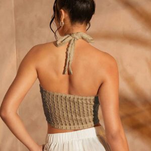 SHEIN Haute Vacation Outfits Gold Hardware Detail Asymmetrical Hem Halter Crop Fall Top