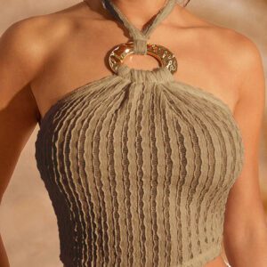SHEIN Haute Vacation Outfits Gold Hardware Detail Asymmetrical Hem Halter Crop Fall Top