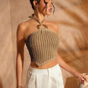 SHEIN Haute Vacation Outfits Gold Hardware Detail Asymmetrical Hem Halter Crop Fall Top