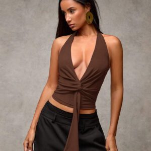 SHEIN BAE Women's Burgundy Solid Color Halter Neck Draped Blouse, Minimalist Style Suitable For Casual Daily Wear, Date Night, Night Out, New Year's Party, Christmas, Afternoon Tea Gathering, Thanksgiving Outfit