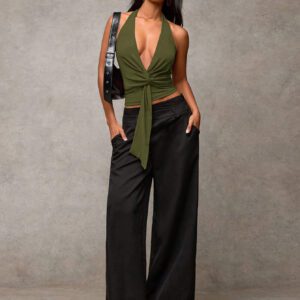 SHEIN BAE Women's Burgundy Solid Color Halter Neck Draped Blouse, Minimalist Style Suitable For Casual Daily Wear, Date Night, Night Out, New Year's Party, Christmas, Afternoon Tea Gathering, Thanksgiving Outfit