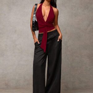 SHEIN BAE Women's Burgundy Solid Color Halter Neck Draped Blouse, Minimalist Style Suitable For Casual Daily Wear, Date Night, Night Out, New Year's Party, Christmas, Afternoon Tea Gathering, Thanksgiving Outfit