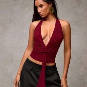 SHEIN BAE Women's Burgundy Solid Color Halter Neck Draped Blouse, Minimalist Style Suitable For Casual Daily Wear, Date Night, Night Out, New Year's Party, Christmas, Afternoon Tea Gathering, Thanksgiving Outfit