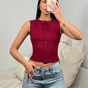 SHEIN EZwear Women's Casual Simple Solid Color Single-Breasted Fitted Crop Tank Top, Summer