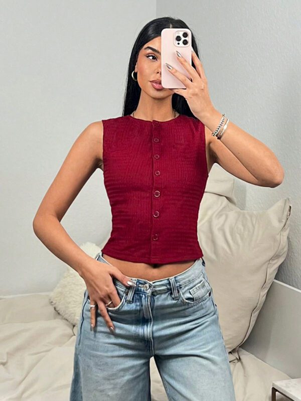 SHEIN EZwear Women's Casual Simple Solid Color Single-Breasted Fitted Crop Tank Top, Summer